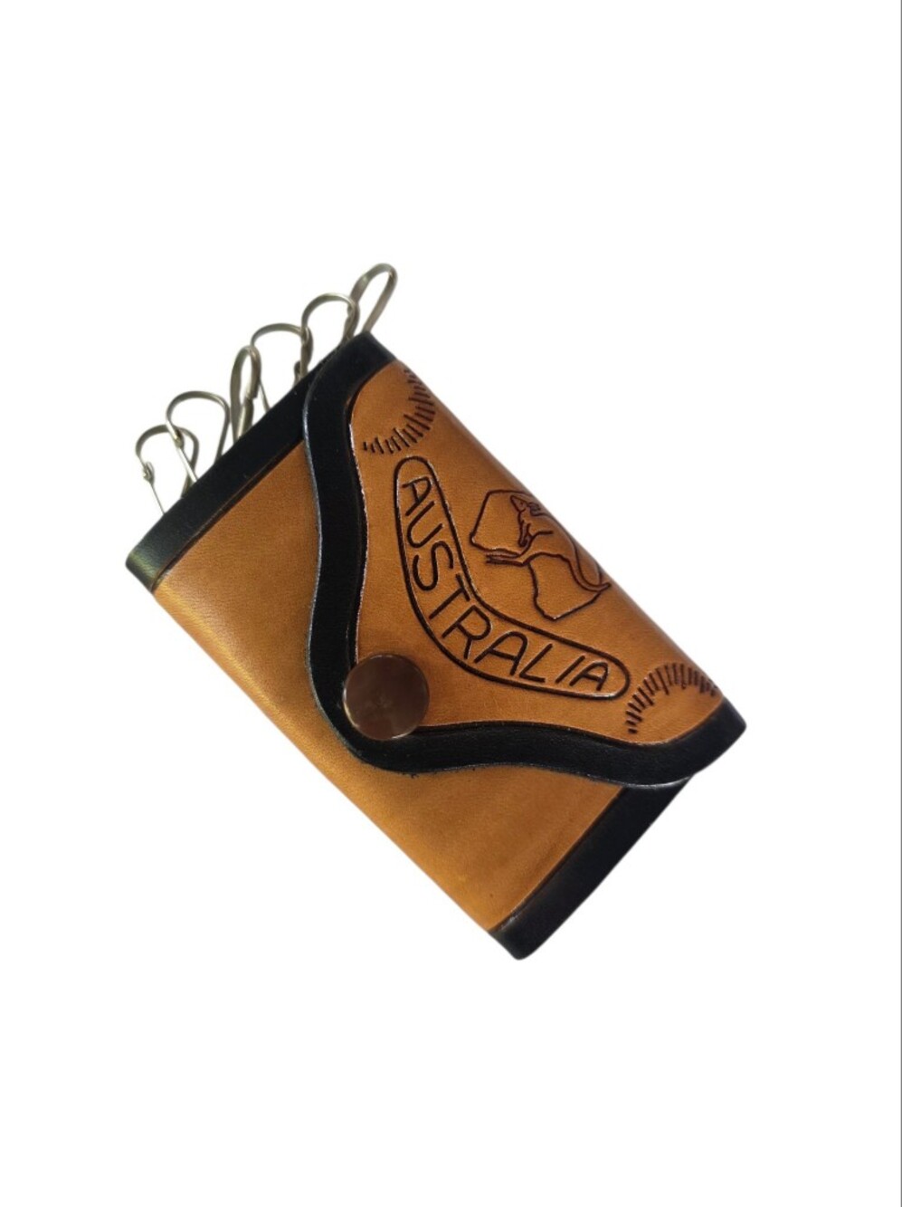 Australia Embossed Leather Key Holder - Tan/Black